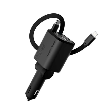 4-i-1 Bilopplader Mobile Origin 50 W med USB-C- og USB-A-port og Uttrekkbar USB-C- og Lightning-kabel - Grå