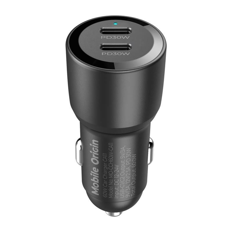 Bilopplader Mobile Origin 60W med 2 X USB-C - Svart