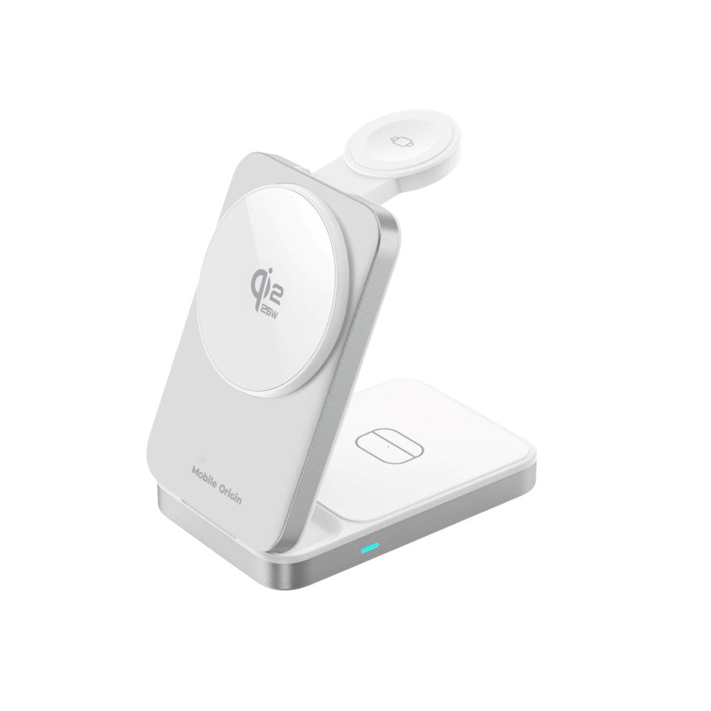 3-i-1 Qi2 Sammenleggbar Trådløs Lader Mobile Origin - Telefon, Apple Watch & Øretelefoner – Sølv