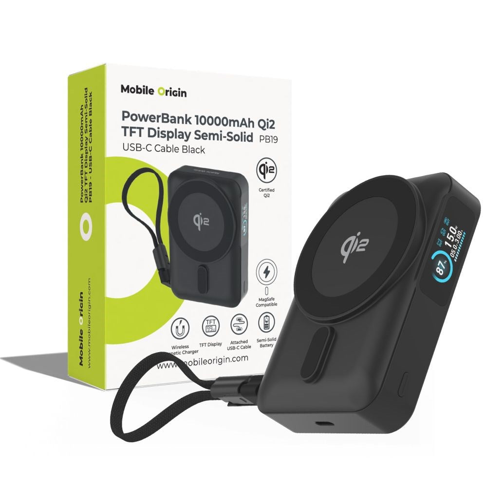 Mobile Origin 10 000 mAh Powerbank med Trådløs Lading / Innebygd USB-C Kabel - MagSafe / Qi2 Kompatibel - Svart