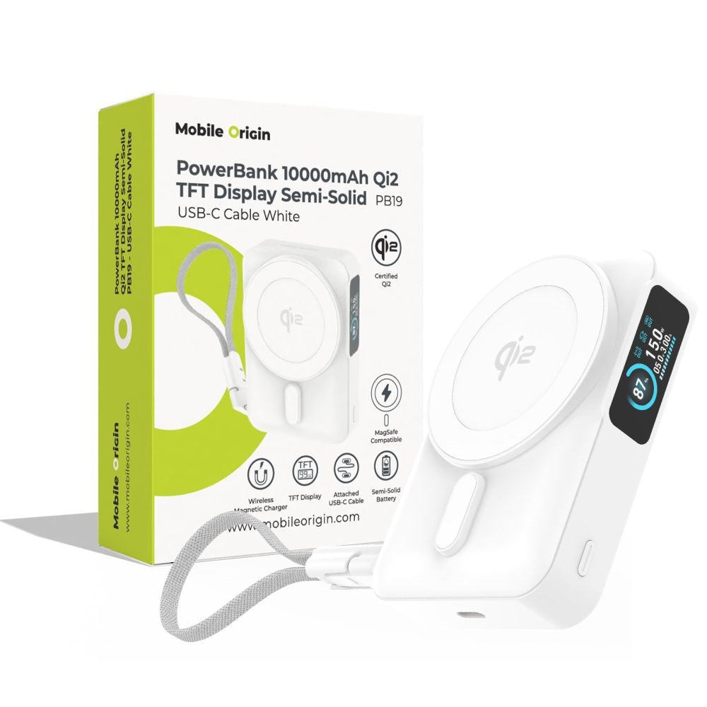 Mobile Origin 10 000 mAh Powerbank med Trådløs Lading / Innebygd USB-C Kabel - MagSafe / Qi2 Kompatibel - Hvit