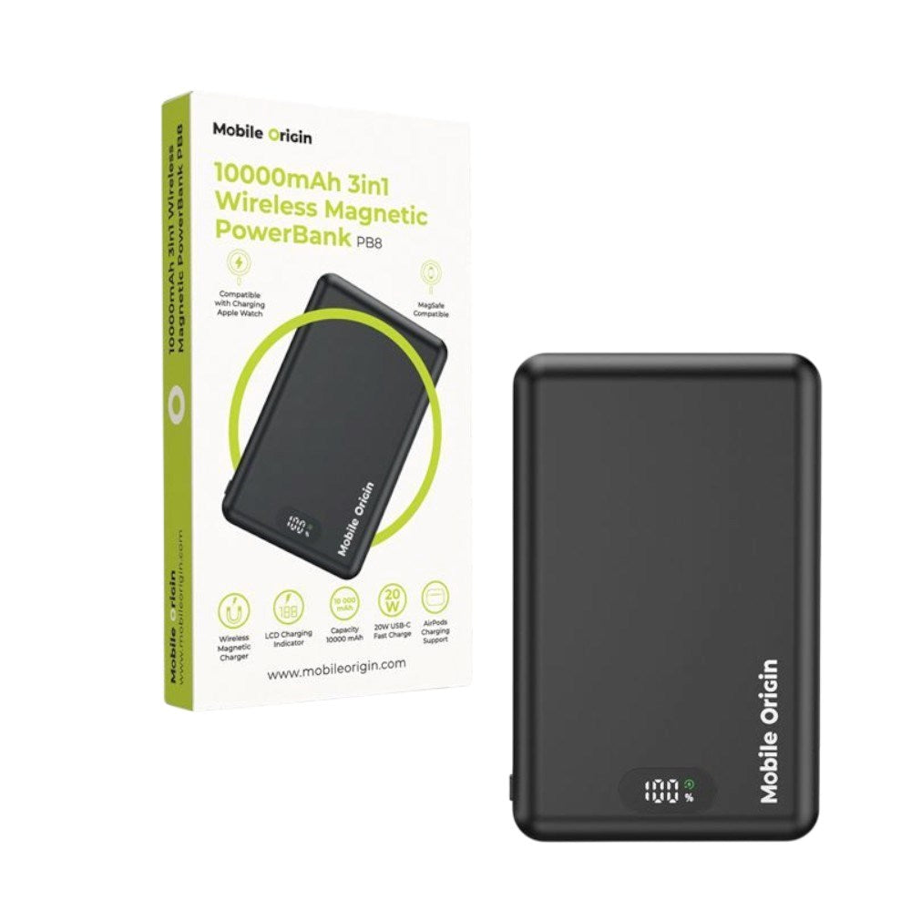 3-i-1 Powerbank 10000mAh  Mobile Origin m. Trådløs lading – MagSafe-kompatibel – Svart