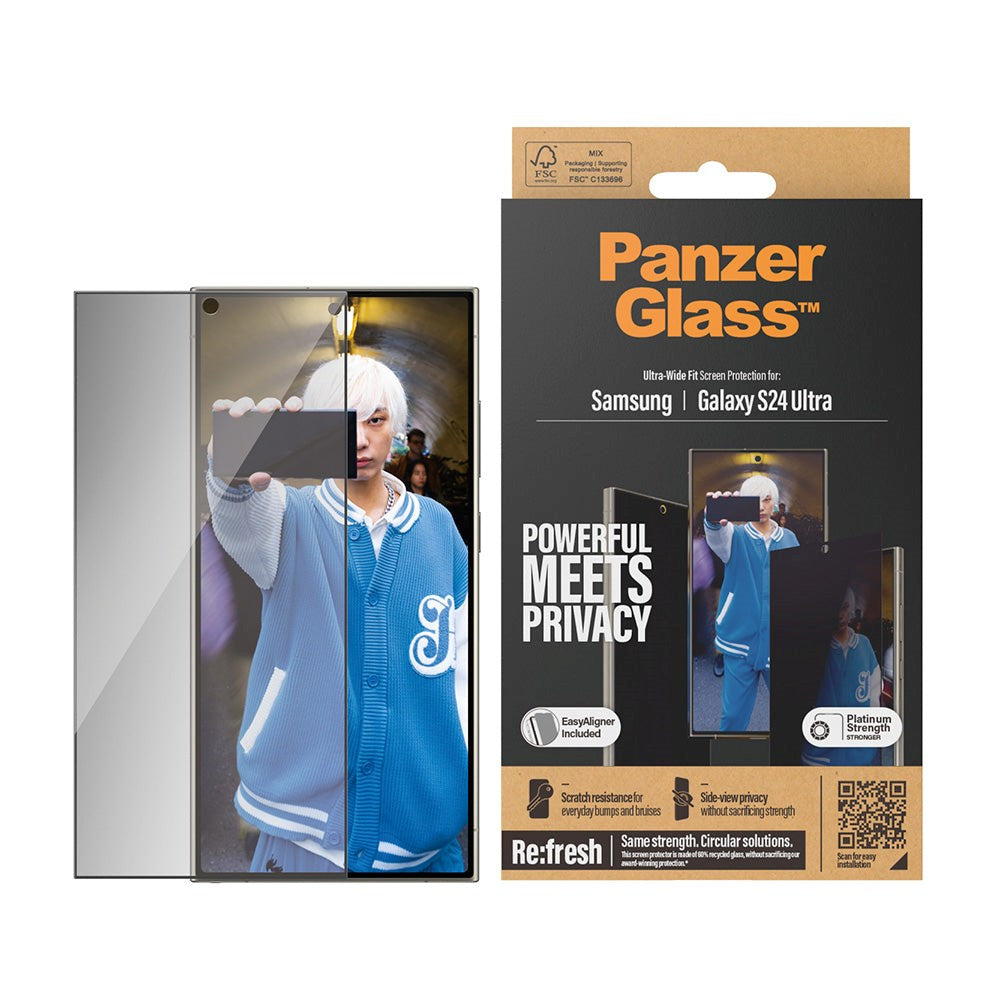 Samsung Galaxy S24 Ultra PanzerGlass Ultra Wide Fit Re:fresh Skjermbeskyttelse m. EasyAligner - Privacy - Platinum Strength - Gjennomsiktig / Svart Kant
