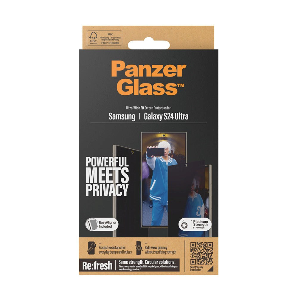 Samsung Galaxy S24 Ultra PanzerGlass Ultra Wide Fit Re:fresh Skjermbeskyttelse m. EasyAligner - Privacy - Platinum Strength - Gjennomsiktig / Svart Kant
