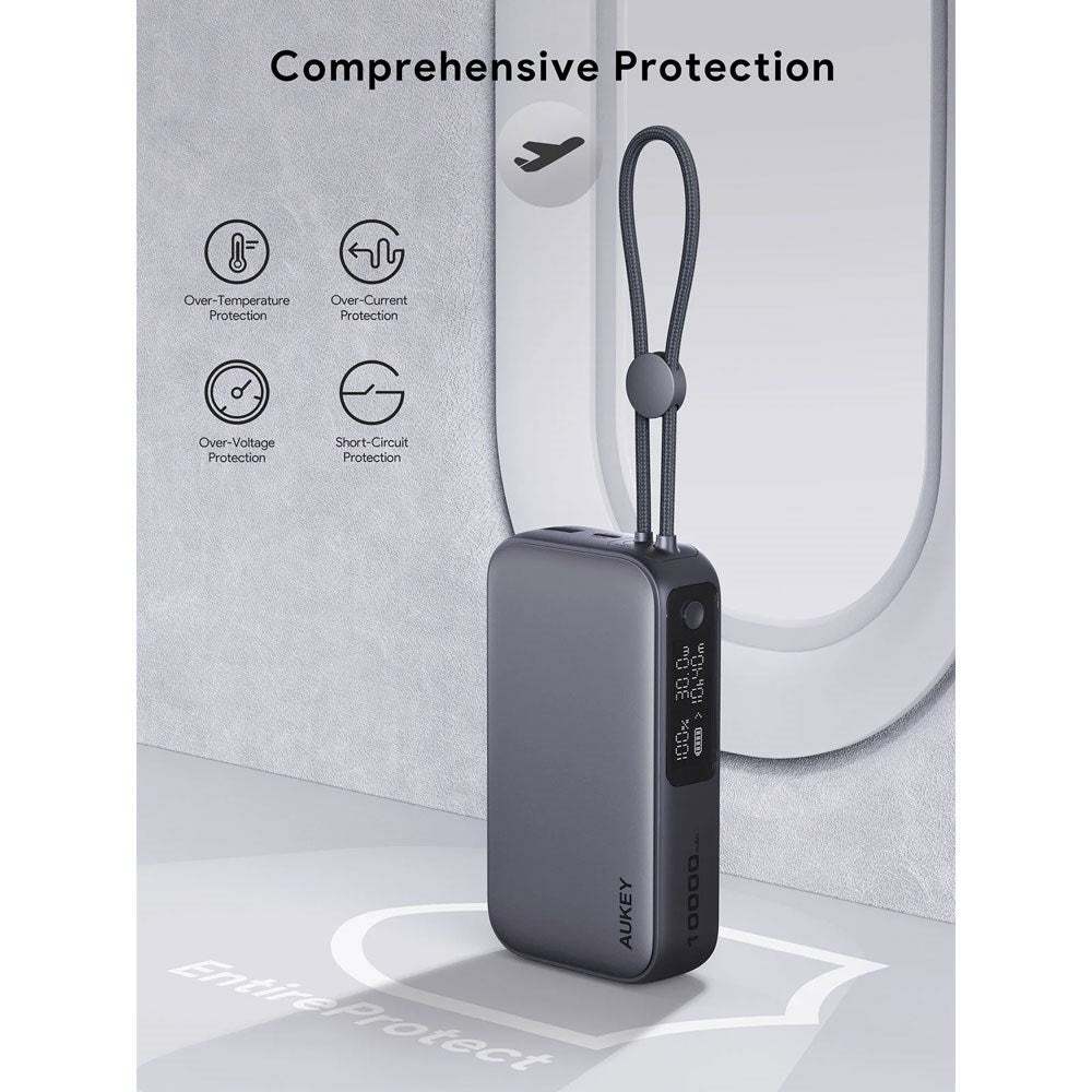 Aukey Spark Sling Powerbank med Innebygd USB-C-Kabel & Display - 10 000 mAh - 30 W - 1 x USB-C - 1 x USB-A - Grå