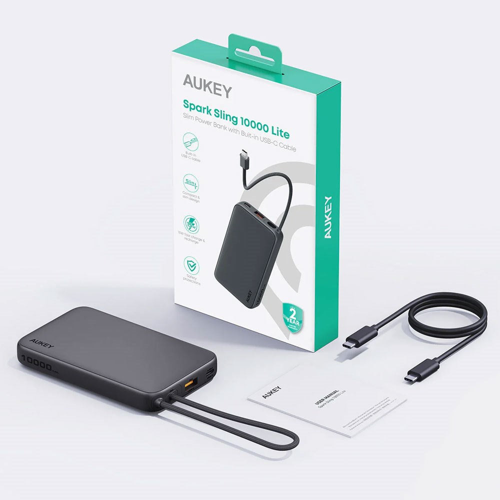 Aukey Spark Sling Powerbank med Innebygd USB-C-Kabel - 10 000 mAh - 20 W - 1 x USB-C - 1 x USB-A - Grå