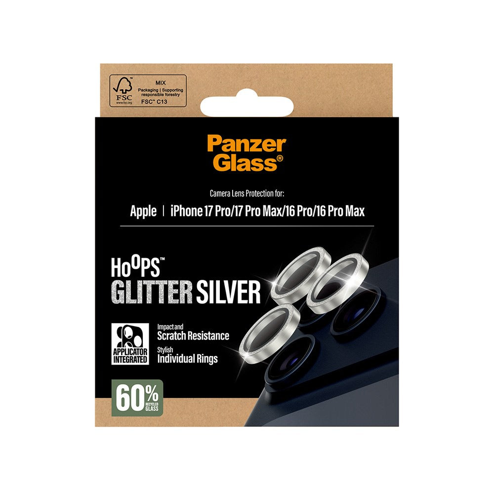 PanzerGlass iPhone 17 Pro / 17 Pro Max / 16 Pro / 16 Pro Max Hoops Kameralinsebeskyttelse med Installasjonsramme - Glitter Sølv