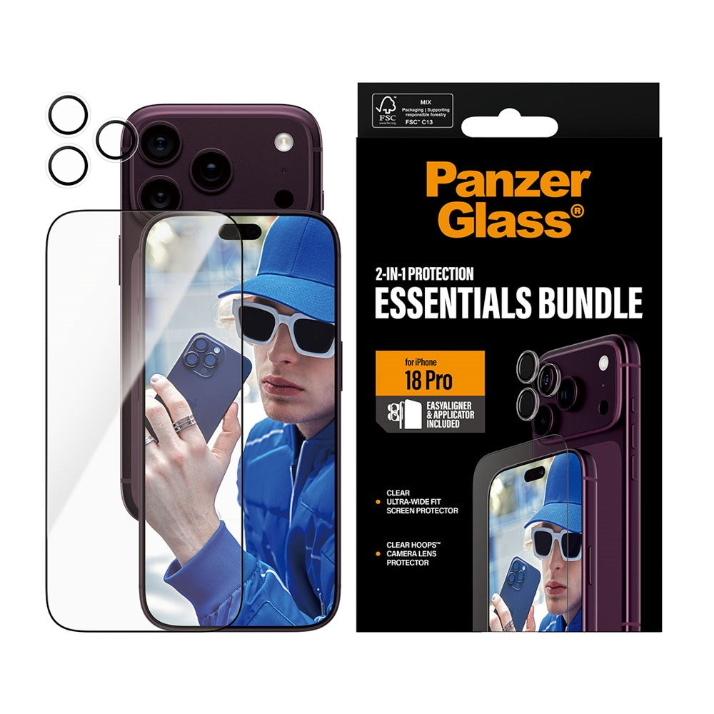 iPhone 18 Pro PanzerGlass Essentials 2-in-1 Bundle med EasyAligner / Skjermbeskyttelse (UWF) / Hoops Kamerabeskyttelse - Gjennomsiktig