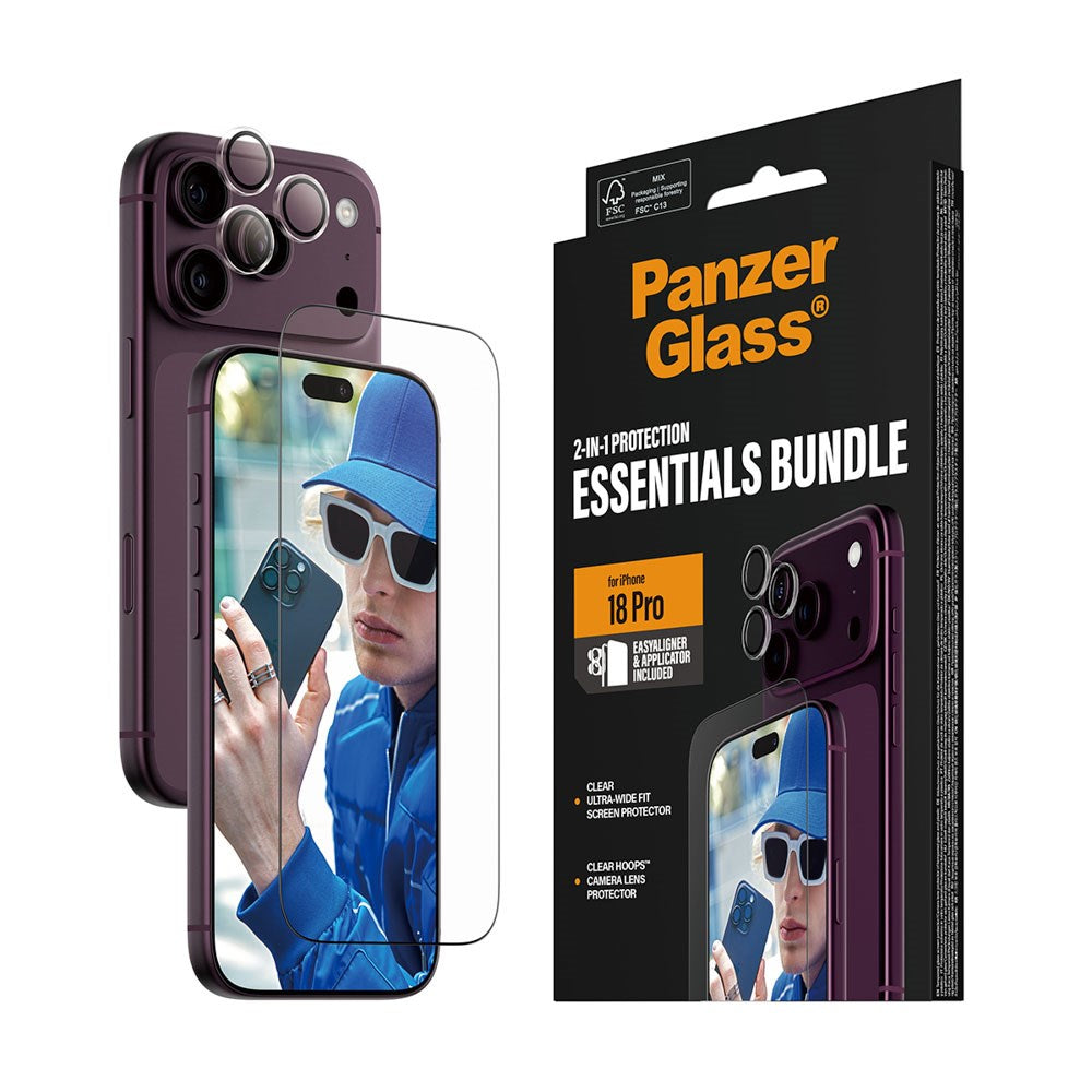 iPhone 18 Pro PanzerGlass Essentials 2-in-1 Bundle med EasyAligner / Skjermbeskyttelse (UWF) / Hoops Kamerabeskyttelse - Gjennomsiktig