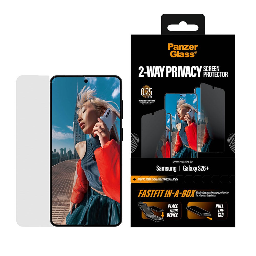 Samsung Galaxy S26+ (Plus) PanzerGlass 2-Way Privacy Skjermbeskyttelse med FastFit In-A-Box - Gjennomsiktig