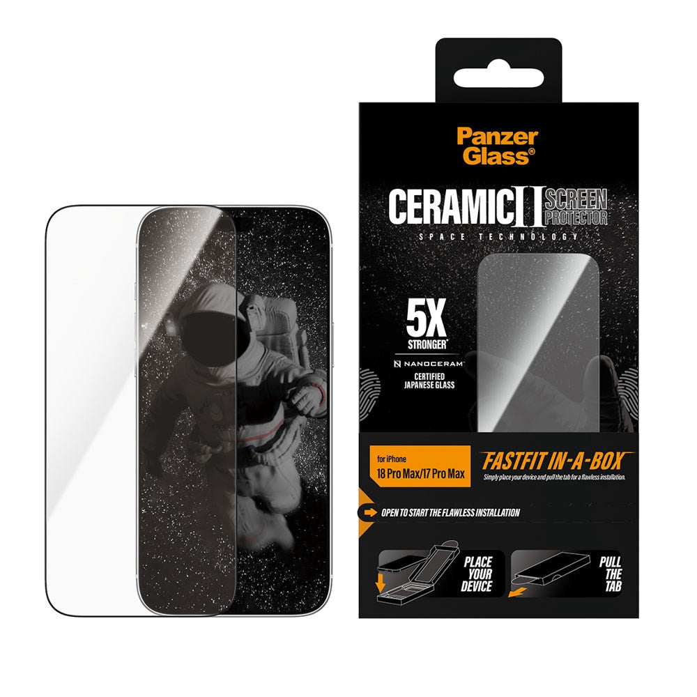 iPhone 18 Pro Max  / 17 Pro Max PanzerGlass Ceramic Ultra-Wide Fit Skjermbeskyttelsesglass – FastFit In-A-Box – Gjennomsiktig