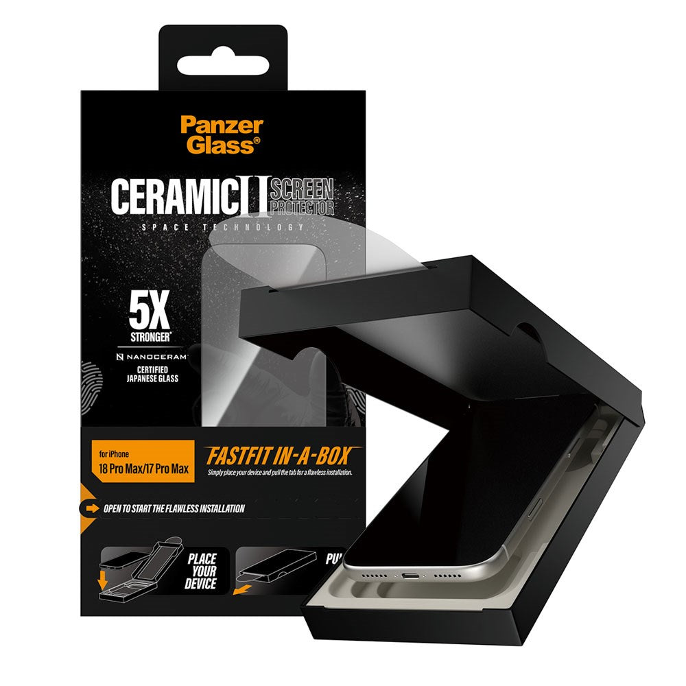 iPhone 18 Pro Max  / 17 Pro Max PanzerGlass Ceramic Ultra-Wide Fit Skjermbeskyttelsesglass – FastFit In-A-Box – Gjennomsiktig