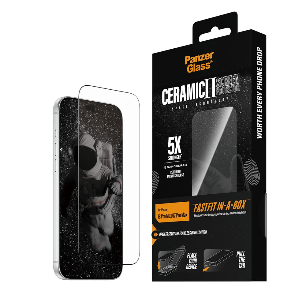 iPhone 18 Pro Max  / 17 Pro Max PanzerGlass Ceramic Ultra-Wide Fit Skjermbeskyttelsesglass – FastFit In-A-Box – Gjennomsiktig