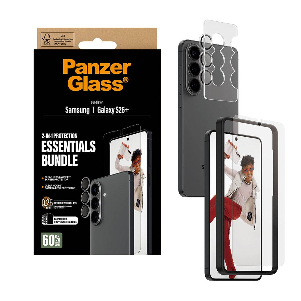 Samsung Galaxy S26+ (Plus) PanzerGlass Hoops 2-in-1 Bundle med EasyAligner / Skjermbeskyttelse (UWF) / Hoops Kamerabeskyttelse - Gjennomsiktig