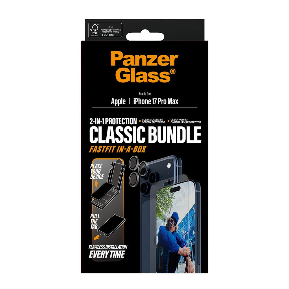 PanzerGlass iPhone 17 Pro Max 2-in-1 Classic Bundle - Skjermbeskytter + Kameralinsebeskytter - Gjennomsiktig