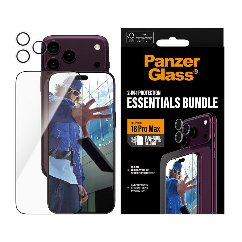 iPhone 18 Pro Max PanzerGlass Essentials 2-in-1 Bundle med EasyAligner / Skjermbeskyttelse (UWF) / Hoops Kamerabeskyttelse - Gjennomsiktig