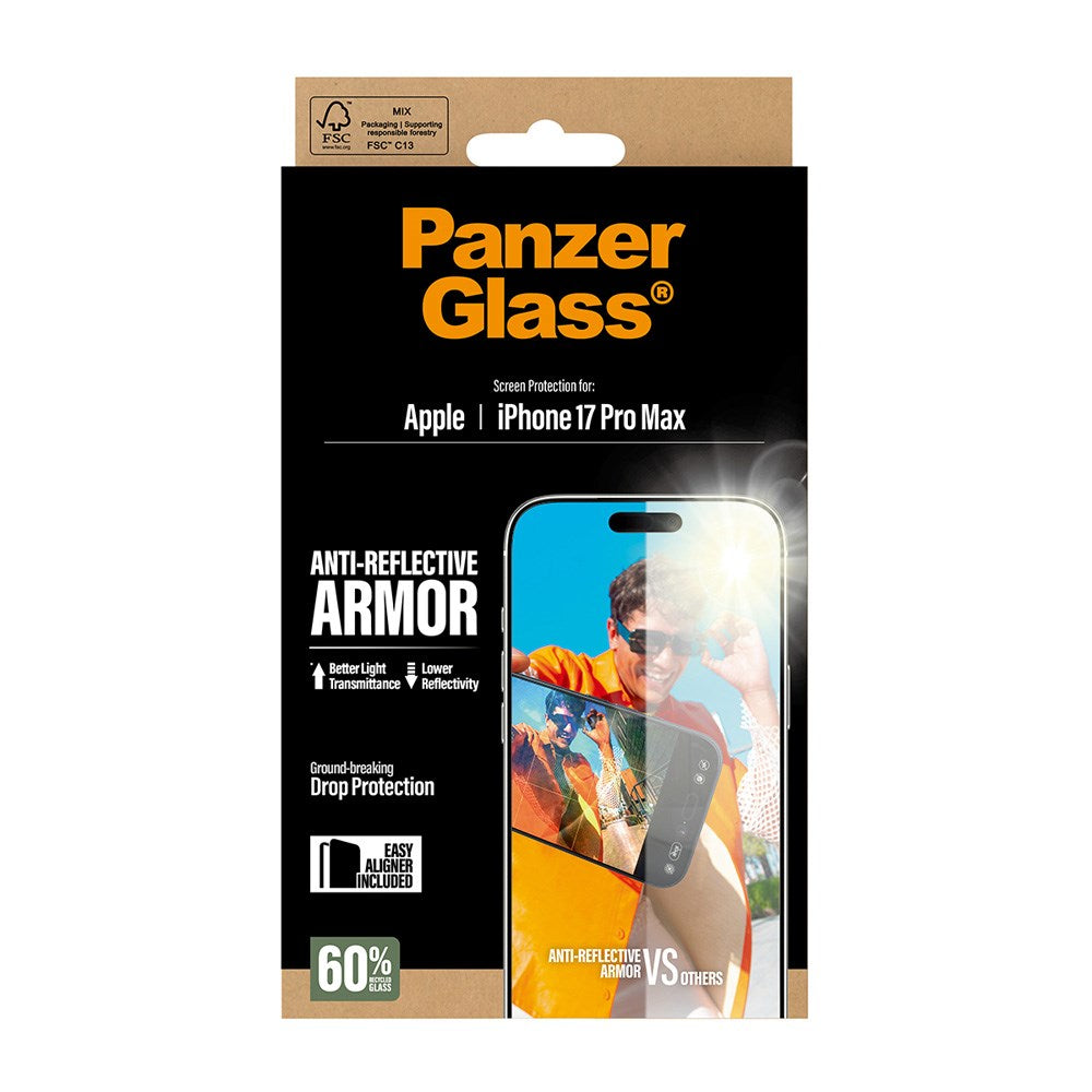 PanzerGlass iPhone 17 Pro Max Ultra Wide Fit Skjermbeskyttelse med EasyAligner - Anti-Reflective - Gjennomsiktig