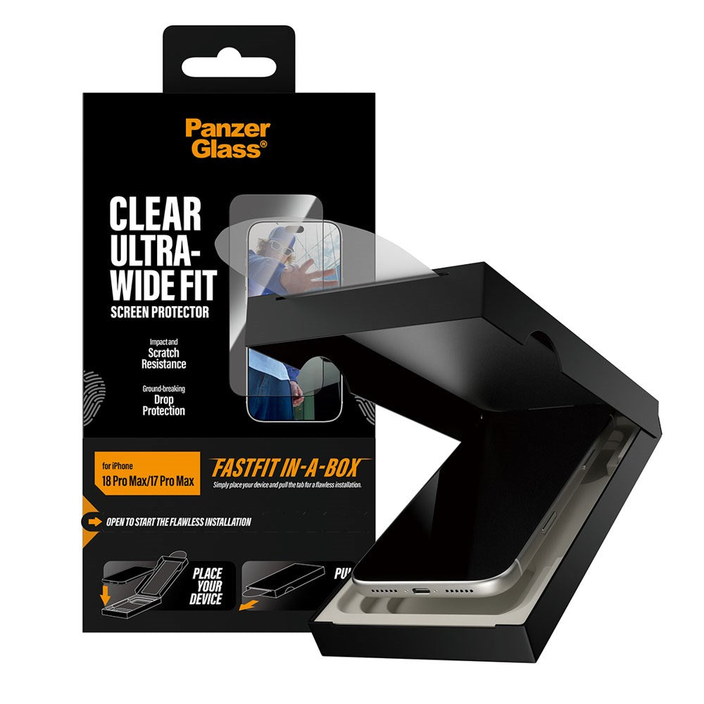 iPhone 18 Pro Max  / 17 Pro Max PanzerGlass Skjermbeskyttelsesglass m. FastFit In-A-Box - Ultra Wide Fit - Gjennomsiktig