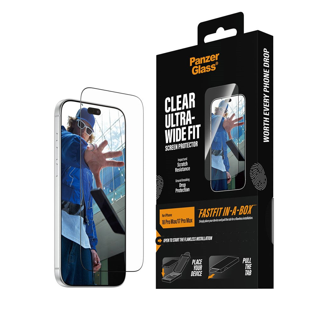 iPhone 18 Pro Max  / 17 Pro Max PanzerGlass Skjermbeskyttelsesglass m. FastFit In-A-Box - Ultra Wide Fit - Gjennomsiktig