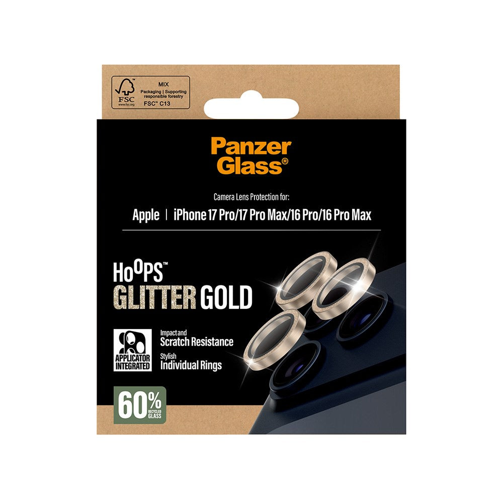 PanzerGlass iPhone 17 Pro / 17 Pro Max / 16 Pro / 16 Pro Max Hoops Kameralinsebeskyttelse med Installasjonsramme - Glitter Gull