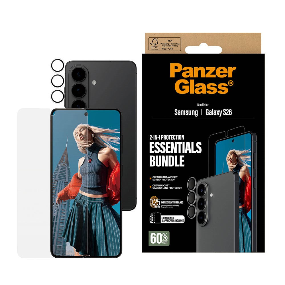 Samsung Galaxy S26 PanzerGlass Hoops 2-in-1 Bundle med EasyAligner / Skjermbeskyttelse (UWF) / Hoops Kamerabeskyttelse - Gjennomsiktig