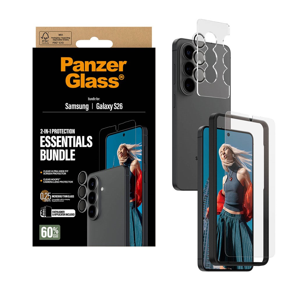 Samsung Galaxy S26 PanzerGlass Hoops 2-in-1 Bundle med EasyAligner / Skjermbeskyttelse (UWF) / Hoops Kamerabeskyttelse - Gjennomsiktig