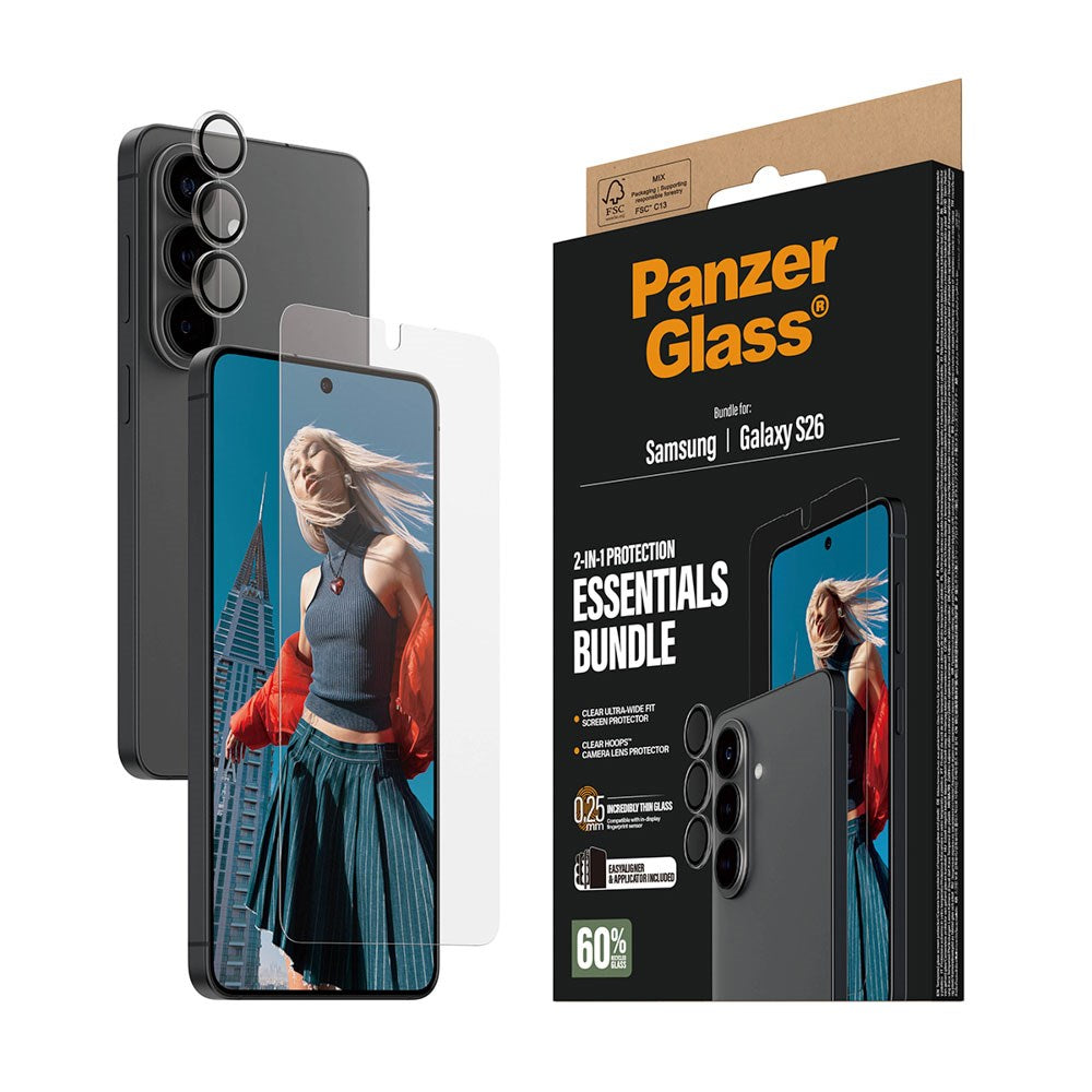 Samsung Galaxy S26 PanzerGlass Hoops 2-in-1 Bundle med EasyAligner / Skjermbeskyttelse (UWF) / Hoops Kamerabeskyttelse - Gjennomsiktig