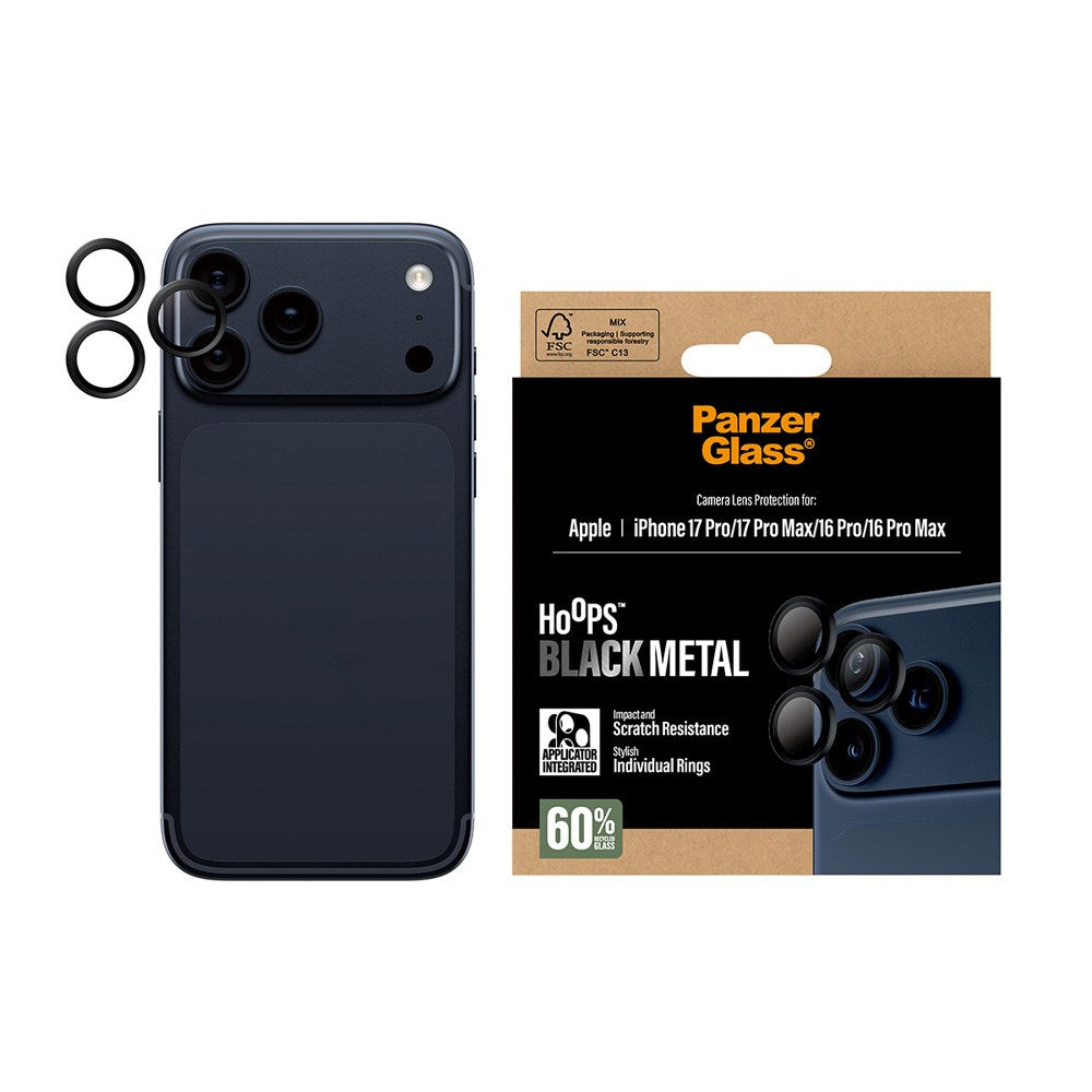 PanzerGlass iPhone 17 Pro / 17 Pro Max / 16 Pro / 16 Pro Max Hoops Kameralinsebeskyttelse med Installasjonsramme - Svart