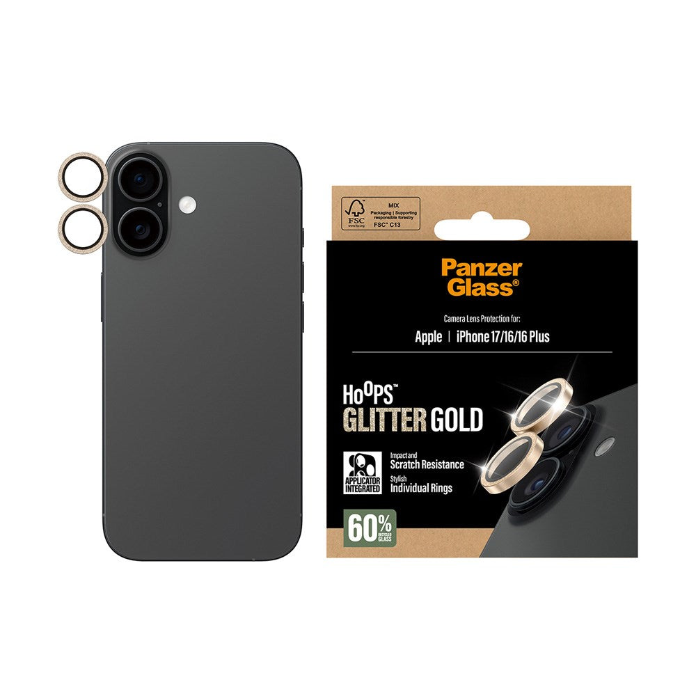 PanzerGlass iPhone 17 / 16 / 16 Plus Hoops Kameralinsebeskyttelse med Installasjonsramme - Glitter Gull