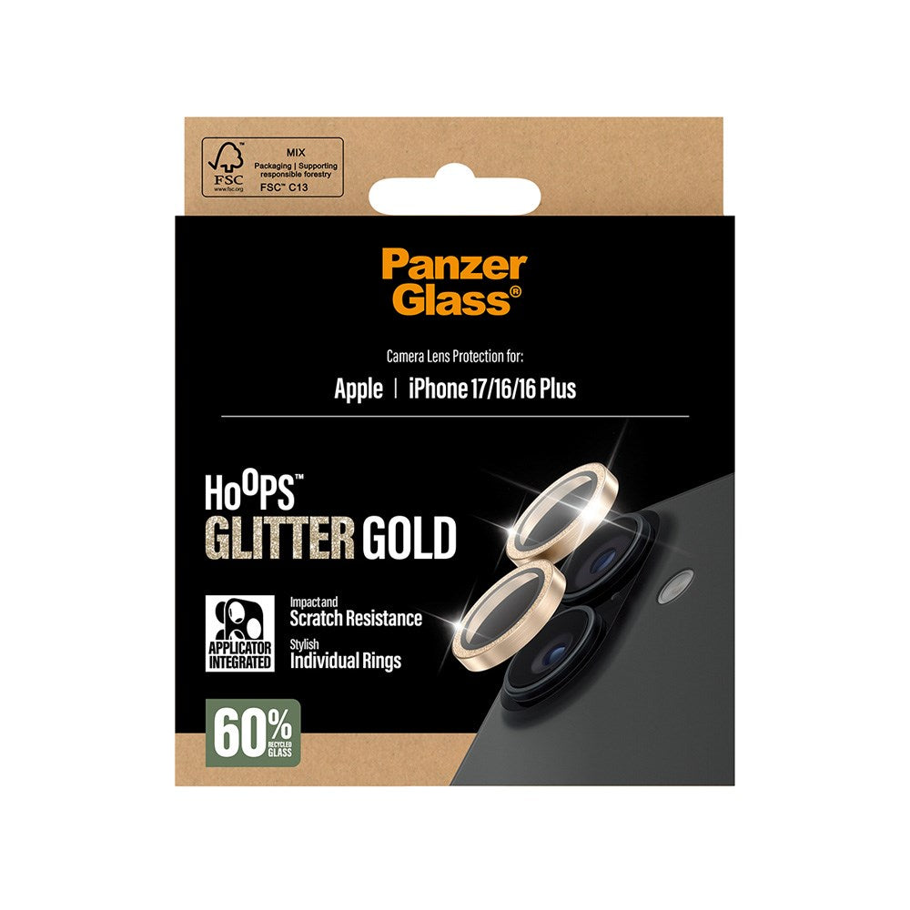 PanzerGlass iPhone 17 / 16 / 16 Plus Hoops Kameralinsebeskyttelse med Installasjonsramme - Glitter Gull