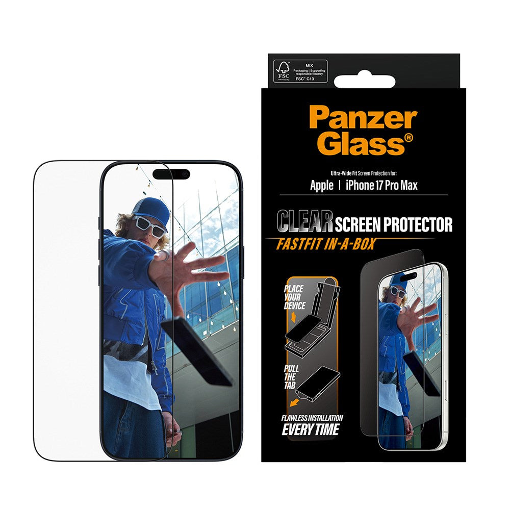 PanzerGlass iPhone 17 Pro Max Skjermbeskytterglass med FastFit In-A-Box - Ultra Wide Fit - Gjennomsiktig