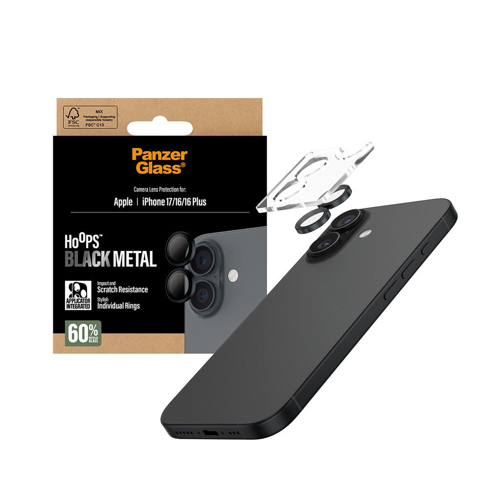 PanzerGlass iPhone 17 / 16 / 16 Plus Hoops Kameralinsebeskyttelse med Installasjonsramme - Svart