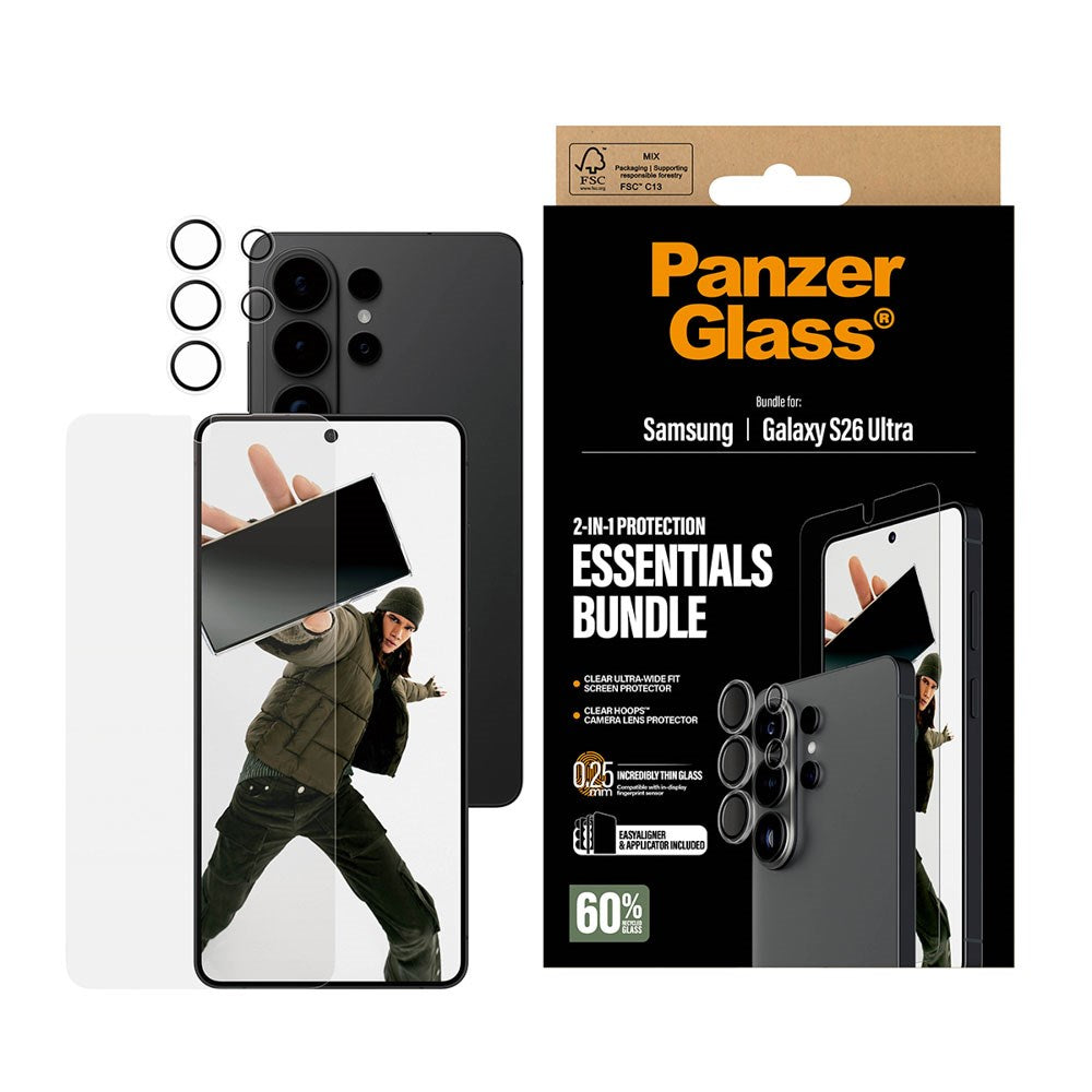 Samsung Galaxy S26 Ultra PanzerGlass Hoops 2-in-1 Bundle med EasyAligner / Skjermbeskyttelse (UWF) / Hoops Kamerabeskyttelse - Gjennomsiktig