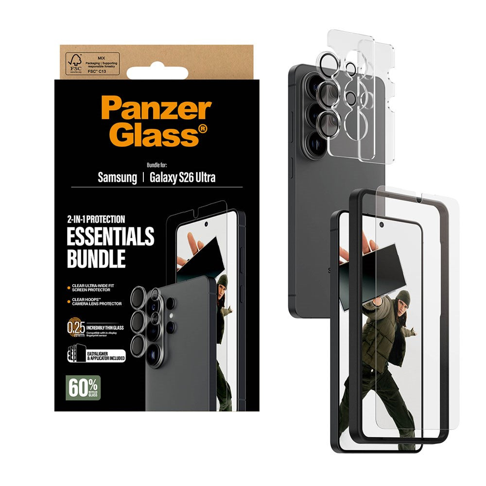 Samsung Galaxy S26 Ultra PanzerGlass Hoops 2-in-1 Bundle med EasyAligner / Skjermbeskyttelse (UWF) / Hoops Kamerabeskyttelse - Gjennomsiktig