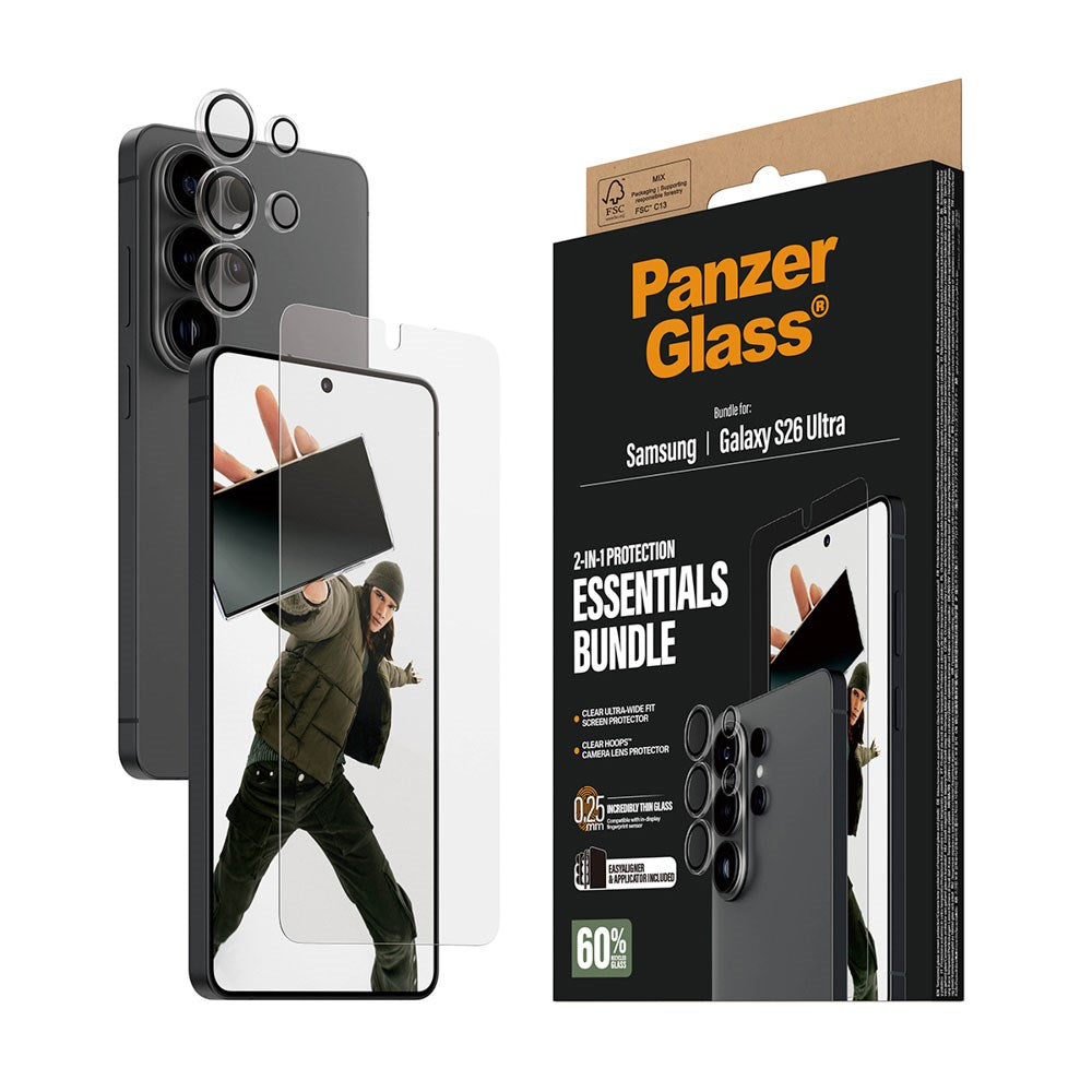 Samsung Galaxy S26 Ultra PanzerGlass Hoops 2-in-1 Bundle med EasyAligner / Skjermbeskyttelse (UWF) / Hoops Kamerabeskyttelse - Gjennomsiktig