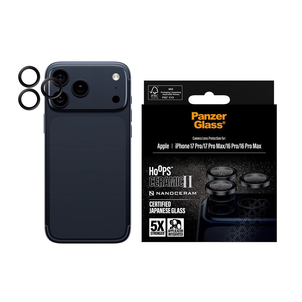 PanzerGlass iPhone 17 Pro / 17 Pro Max / 16 Pro / 16 Pro Max Ceramic Hoops Kameralinsebeskyttelse med Monteringsramme - Svart