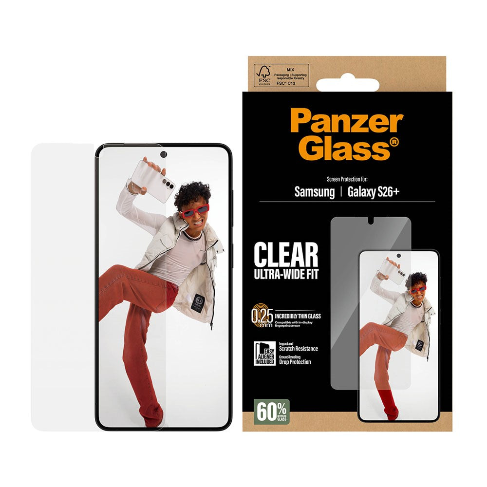 Samsung Galaxy S26+ (Plus) PanzerGlass Skjermbeskyttelsesglass m. EasyAligner - Ultra Wide Fit - Gjennomsiktig