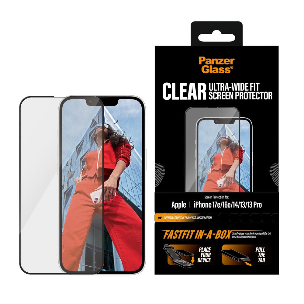 iPhone 17e / 16e / 14 / 13 / 13 Pro PanzerGlass Skjermbeskyttelsesglass m. FastFit In-A-Box - Ultra Wide Fit - Gjennomsiktig