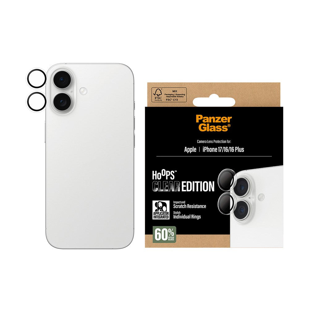 PanzerGlass iPhone 17 / 16 / 16 Plus Hoops Kameralinsebeskyttelse med Installasjonsramme - Gjennomsiktig