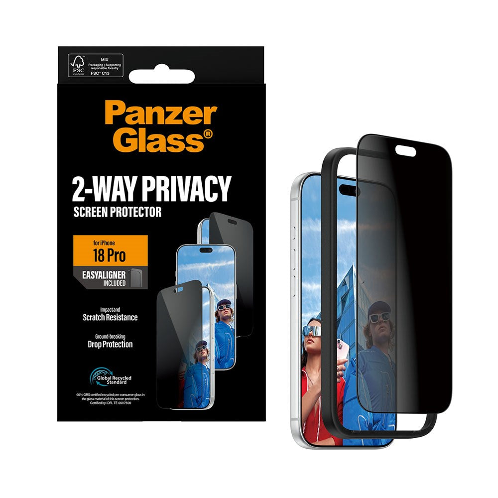 iPhone 18 Pro PanzerGlass Skjermbeskyttelsesglass - Ultra Wide Fit med EasyAligner - Privacy - Gjennomsiktig