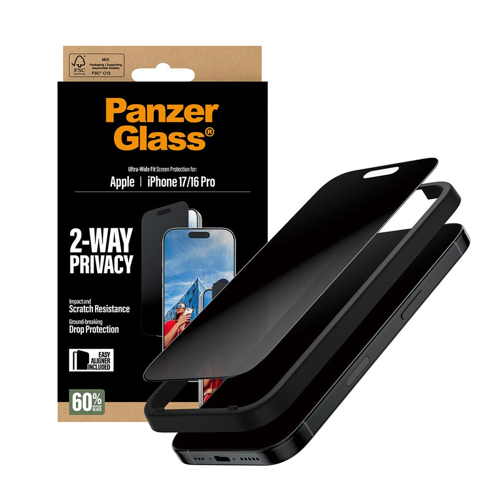 PanzerGlass iPhone 17 / 16 Pro 2-Way Privacy Skjermbeskyttelse - Ultra-Wide Fit - Gjennomsiktig