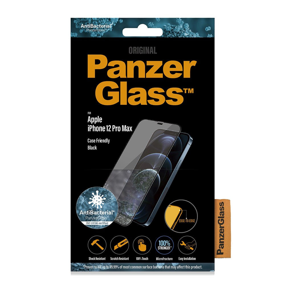 PanzerGlass iPhone 12 Pro Max AntiBacterial Edge-To-Edge Skjermbeskytter - Case Friendly - Svart Kant