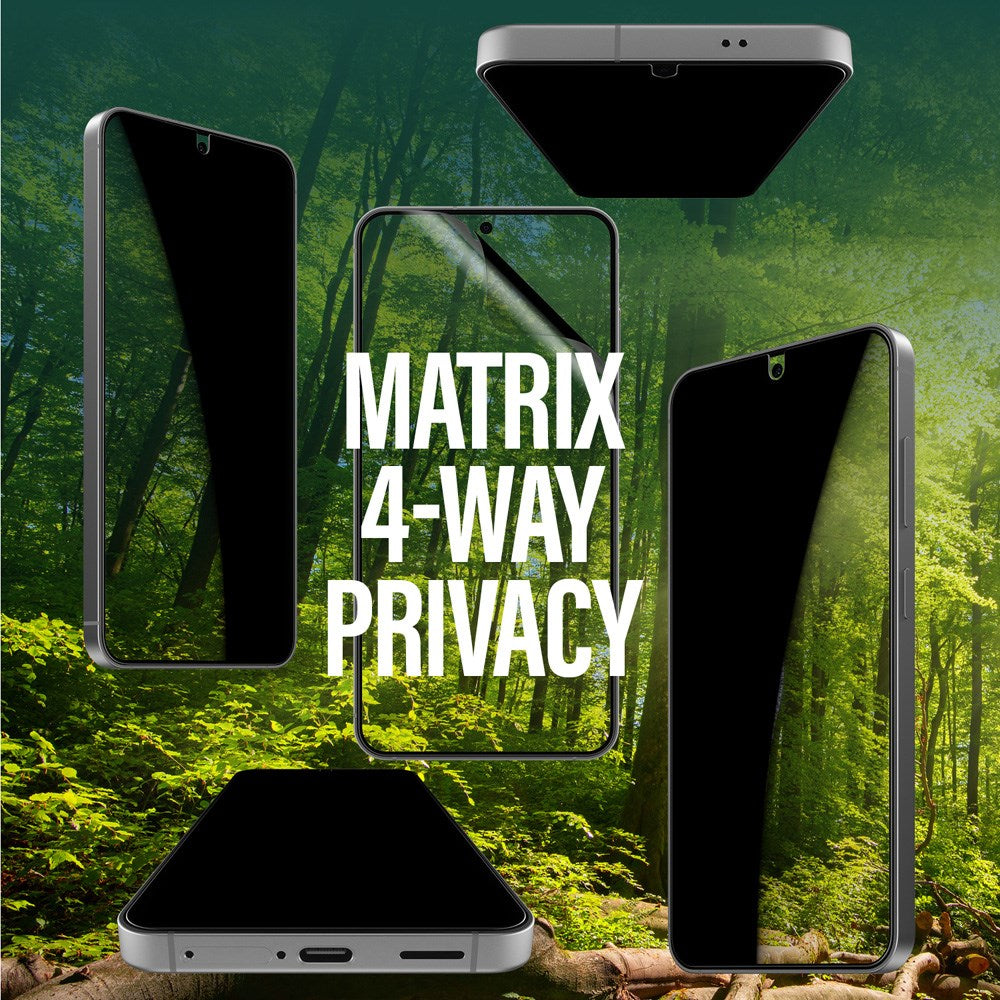 Samsung Galaxy S25 PanzerGlass Eco Matrix 4-Way Privacy Skjermbeskyttelse Ultra Wide Fit - Aligner Kit - Platinum Strength - Gjennomsiktig