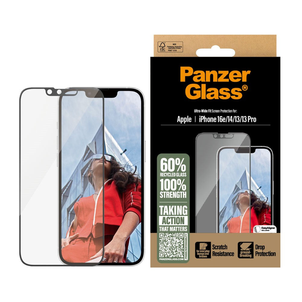 PanzerGlass® Skjermbeskytter - Ultra-Wide Fit for iPhone 17e / 16e / 14 / 13 / 13 Pro med EasyAligner - Gjennomsiktig