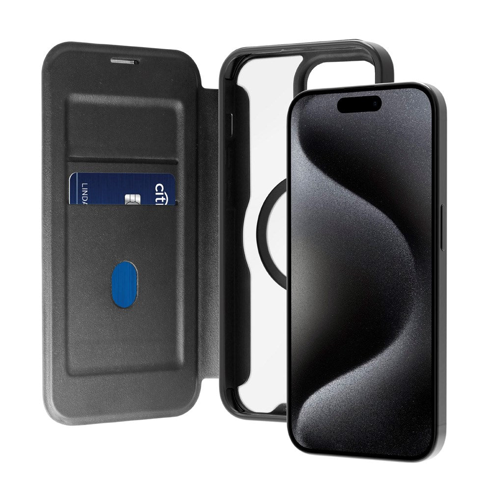 Puro Booklet Case Magsafe for iPhone 15 - Horisontal Flip + 2 Kortlommer - Svart