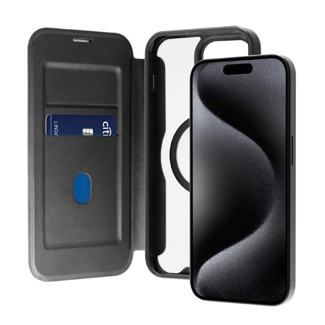 Puro Booklet Case Magsafe for iPhone 15 Pro - Horisontal Flip + 2 Kortlommer - Svart