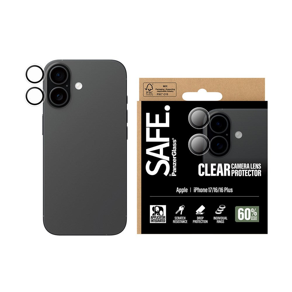 Safe by PanzerGlass iPhone 17 / 16 / 16 Plus Kameralinsebeskyttelse - Gjennomsiktig / Svart