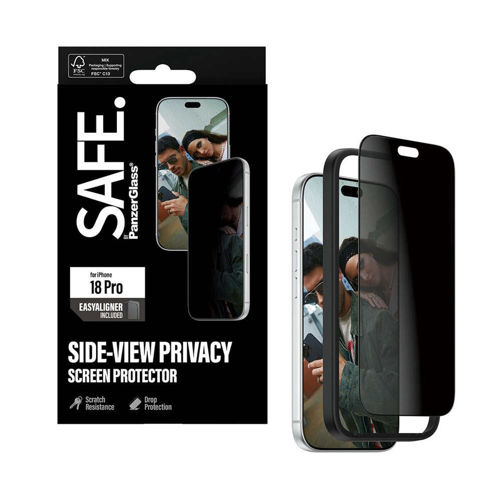 iPhone 18 Pro / 17 Pro SAFE by PanzerGlass Ultra-Wide Fit Skjermbeskyttelsesglass med EasyAligner - Privacy - Gjennomsiktig