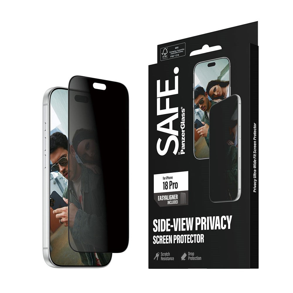 iPhone 18 Pro / 17 Pro SAFE by PanzerGlass Ultra-Wide Fit Skjermbeskyttelsesglass med EasyAligner - Privacy - Gjennomsiktig