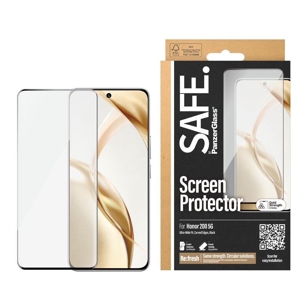 Honor 200 Safe By PanzerGlass® Ultra-Wide Fit Beskyttelsesglass - Case Friendly - Gold Strength - Gjennomsiktig / Svart Kant